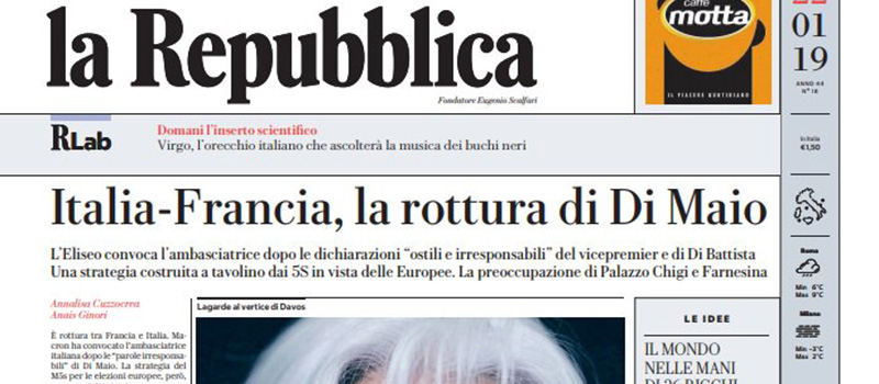 Le prime pagine di martedì 22 gennaio 2019
