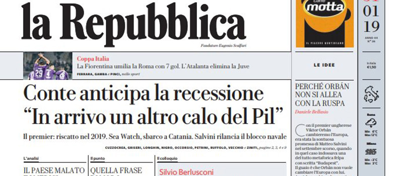 Le prime pagine di giovedì 31 gennaio 2019