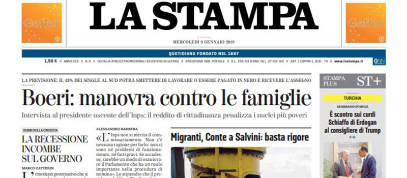 Le prime pagine di mercoledì 9 gennaio 2019