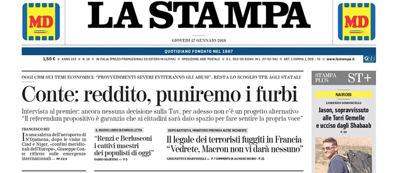 Le prime pagine di giovedì 17 gennaio 2019
