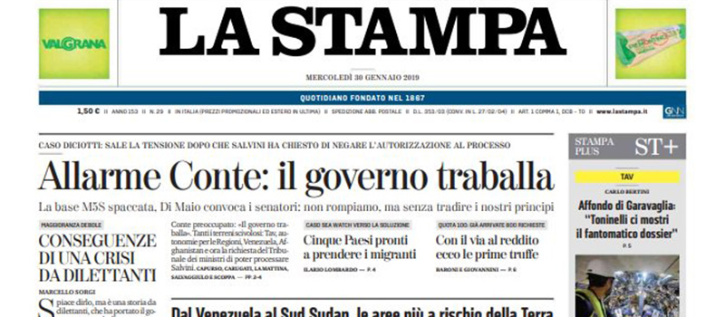 Le prime pagine di mercoledì 30 gennaio 2019
