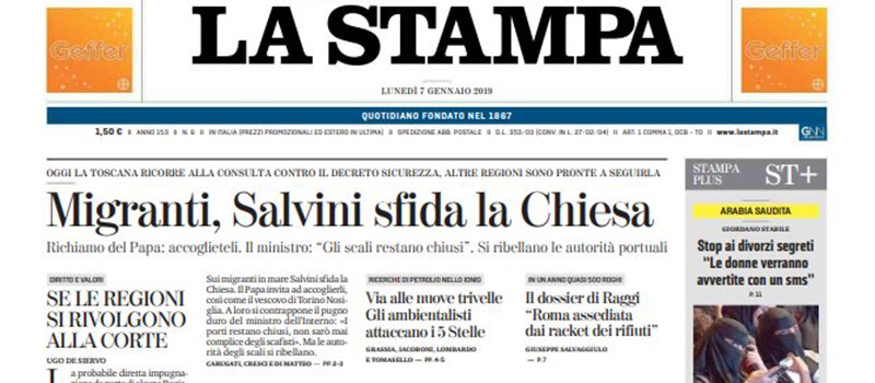 Le prime pagine di lunedì 7 gennaio 2019