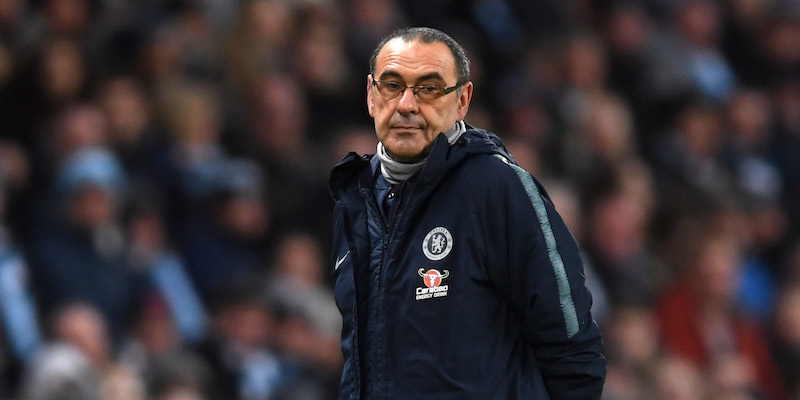 Maurizio Sarri all'Etihad Stadium di Manchester durante City-Chelsea (Getty Images)