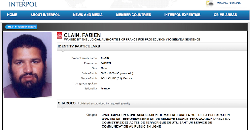 La richiesta di arresto per Fabien Clain registrata dall'Interpol (Interpol via AP) 