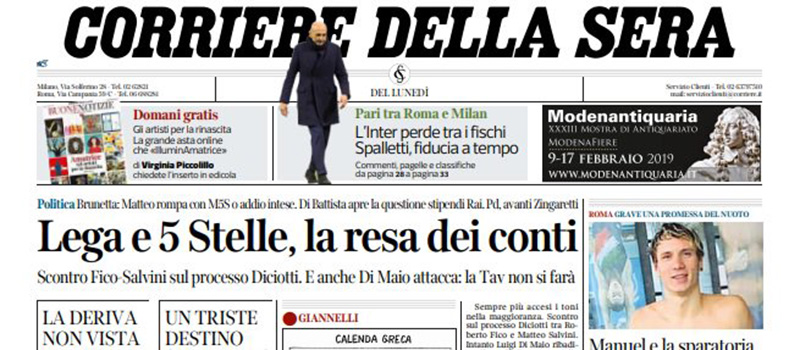 Le prime pagine di lunedì 4 febbraio 2019