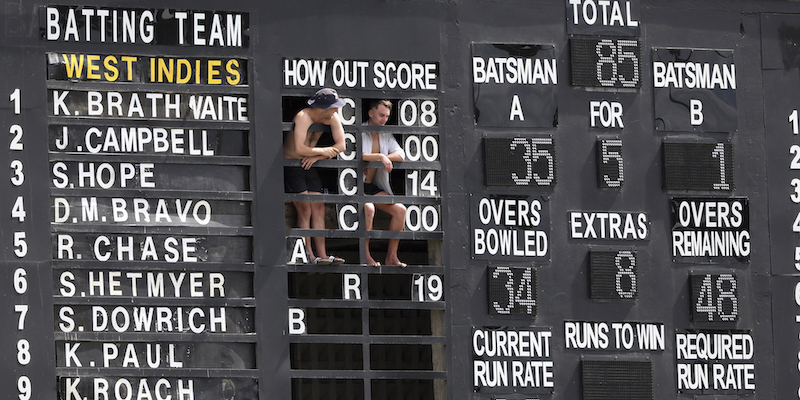 Tifosi sul cartellone del punteggio alla partita di cricket tra Inghilterra e Indie occidentali a Gros Islet, isola di Saint Lucia, 12 febbraio
(AP Photo/Ricardo Mazalan)