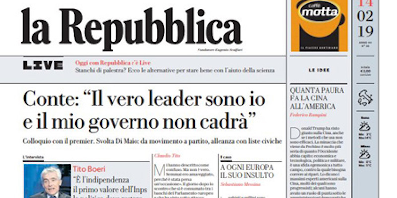 Il virgolettato di Giuseppe Conte sulla prima pagina di Repubblica del 14 febbraio 2019