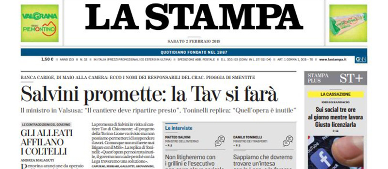 Le prime pagine di sabato 2 febbraio 2019