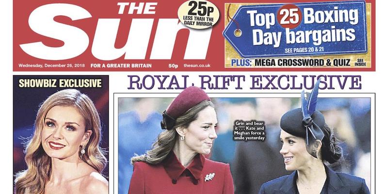 Una delle prime pagine del Sun dedicate a pettegolezzi su Meghan Markle