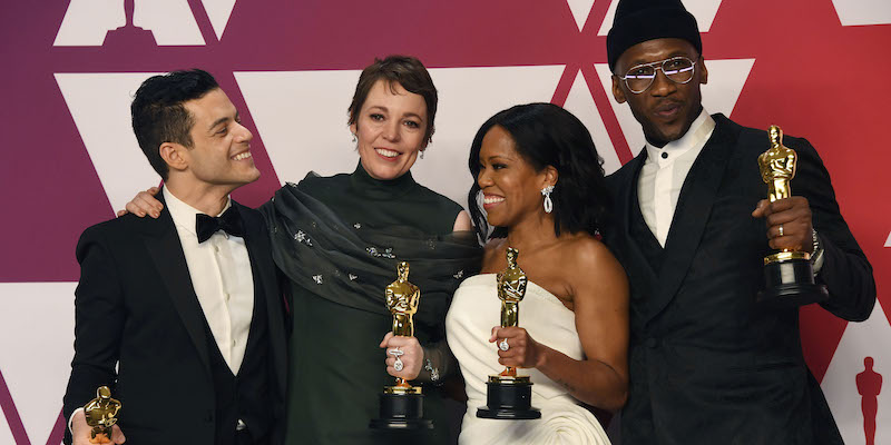 Rami Malek, Olivia Colman, Regina King e Mahershala Ali con i loro premi Oscar (Frazer Harrison/Getty Images)