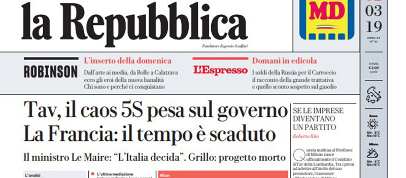 Le prime pagine di sabato 2 marzo 2019