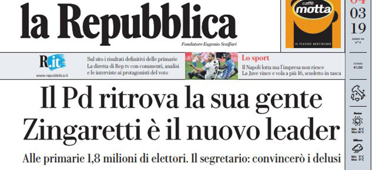 Le prime pagine di lunedì 4 marzo 2019