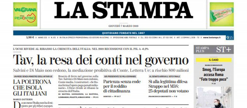 Le prime pagine di giovedì 7 marzo 2019