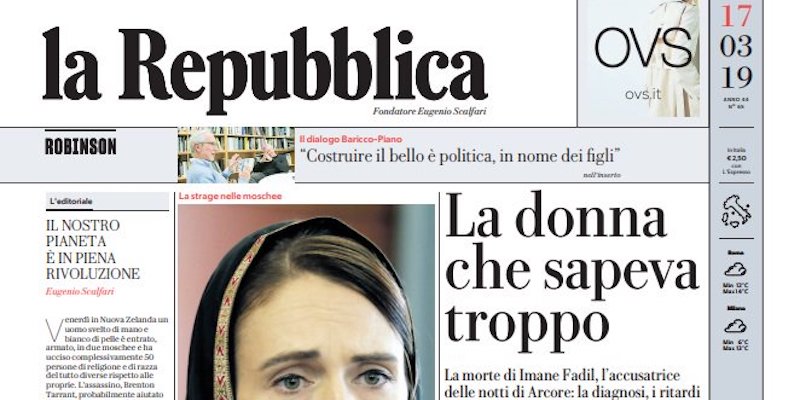 La prima pagina di "Repubblica"