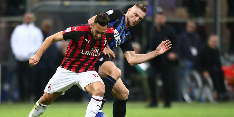 Hakan Calhanoglu e Milan Skriniar nel "derby" di andata (Spada/LaPresse)