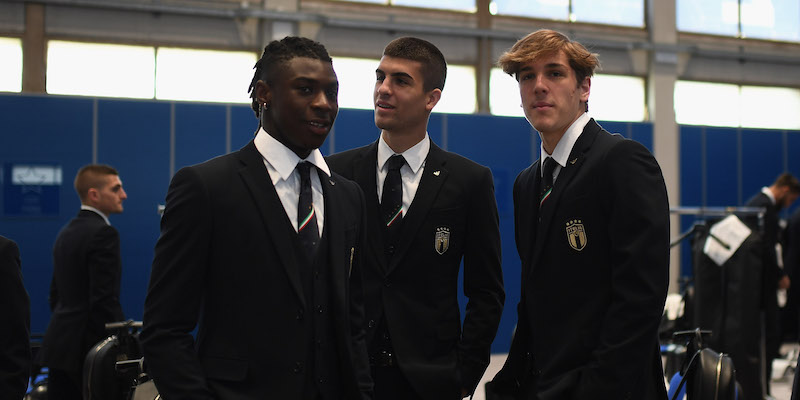 Moise Kean, Gianluca Mancini e Nicolò Zaniolo nel Centro tecnico federale di Coverciano (Getty Images)