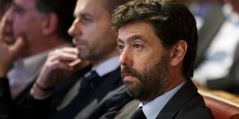 Andrea Agnelli, presidente della Juventus, accanto al presidente UEFA Aleksander Ceferin durante i sorteggi degli ottavi (Salvatore Di Nolfi/Keystone via AP)