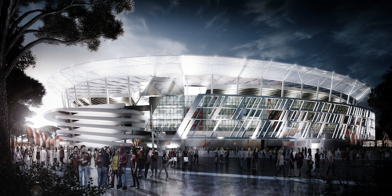 Un rendering del progetto del nuovo stadio della Roma.