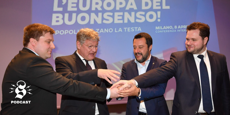 Da sinistra a destra: Olli Kotro dei Veri Finlandesi, Jorg Meuthen di Alternativa per la Germania, Matteo Salvini per la Lega e Anders Vistisen del Partito del Popolo danese. (ANSA/DANIEL DAL ZENNARO)