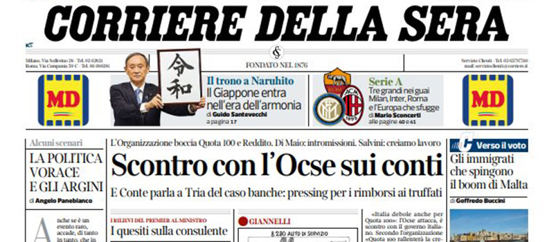 Le prime pagine di martedì 2 aprile 2019