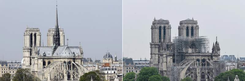Una combinazione di due foto, scattate il 28 marzo 2014 (sinistra) e il 16 aprile 2019 (PATRICK KOVARIK e BERTRAND GUAY/AFP via LaPresse)