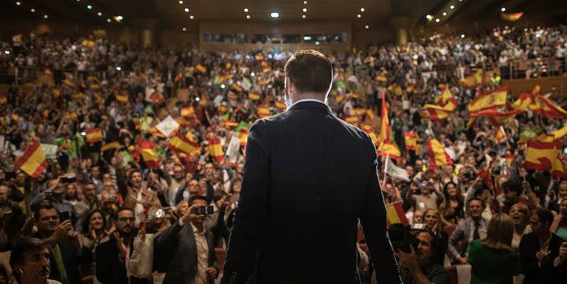 Santiago Abascal, leader di Vox, durante un comizio a Granada (David Ramos/Getty Images)