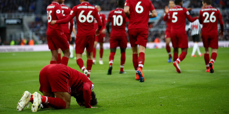 Mohamed Salah dopo l'ultimo gol segnato in Premier League (Clive Brunskill/Getty Images)