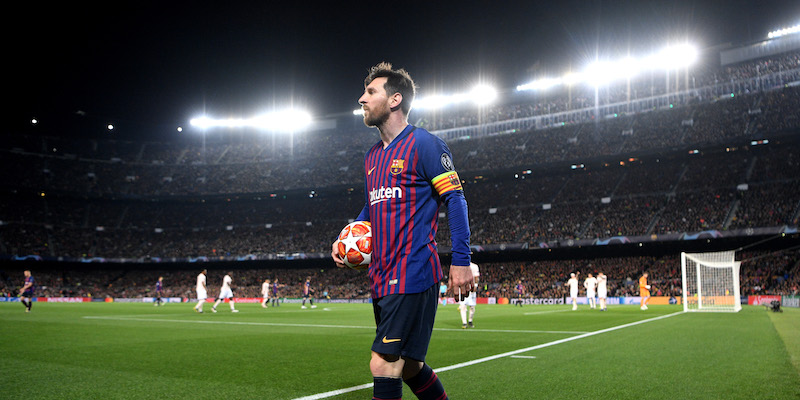 Lionel Messi al Camp Nou nel quarto di finale contro il Manchester United (David Ramos/Getty Images)