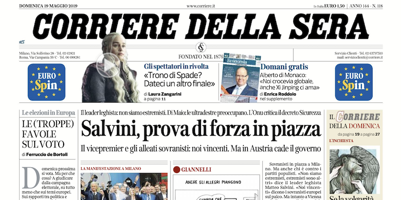 Le prime pagine di domenica 19 maggio 2019