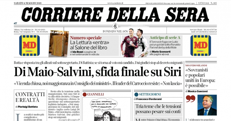 Le prime pagine di sabato 4 maggio 2019