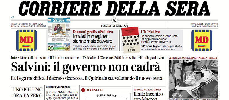 Le prime pagine di mercoledì 22 maggio 2019
