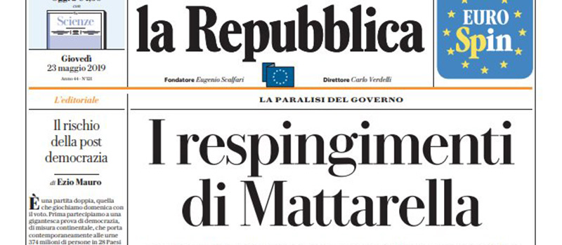 Le prime pagine di giovedì 23 maggio 2019