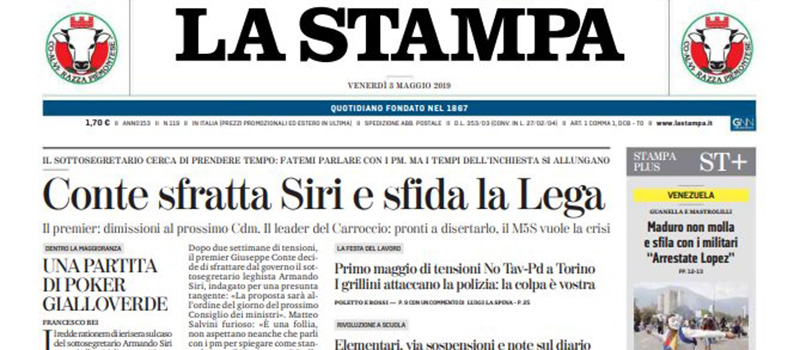 Le prime pagine di venerdì 3 maggio 2019