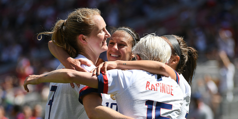 Carli Lloyd, Megan Rapinoe, Samantha Mewis e Mallory Pugh della nazionale femminile statunitense ai Mondiali in Francia (Robert Reiners/Getty Images)