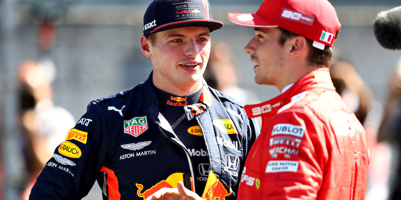 Charles Leclerc e Max Verstappen dopo le qualifiche del Gran Premio d'Austria di Formula 1 (Mark Thompson/Getty Images)