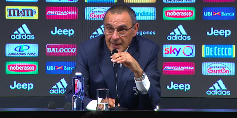 Maurizio Sarri nella conferenza stampa di presentazione all'Allianz Stadium di Torino (Juventus)