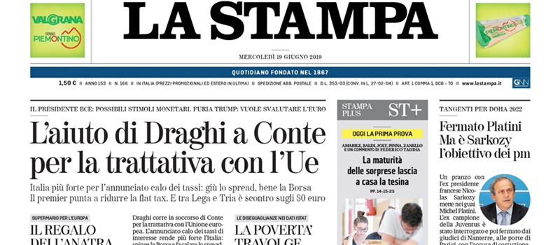 Le prime pagine di mercoledì 19 giugno 2019