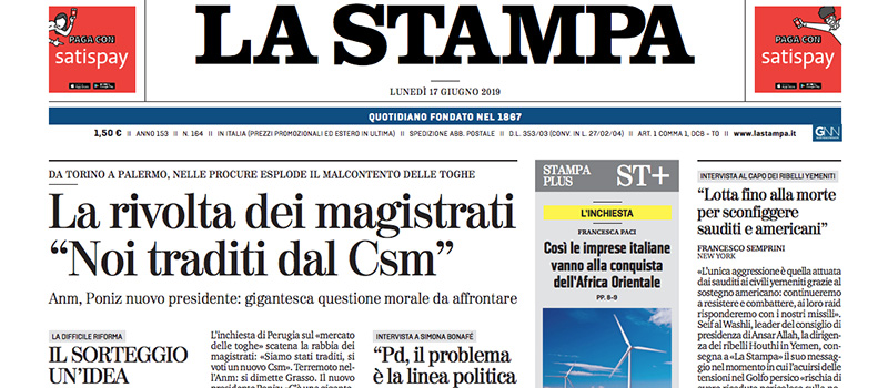 Le prime pagine di lunedì 17 giugno 2019