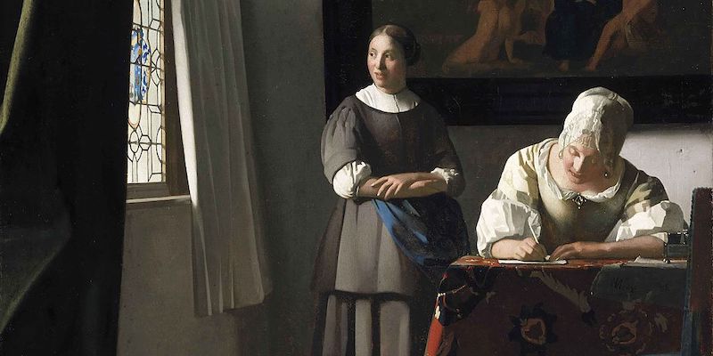 Particolare di "Donna che scrive una lettera alla presenza della domestica" di Jan Vermeer (Wikimedia Commons)