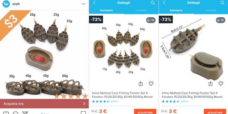 Da sinistra: una pubblicità di Wish su Instagram; due schermate del prodotto pubblicizzato sulla app, dove è in vendita a 3 euro
