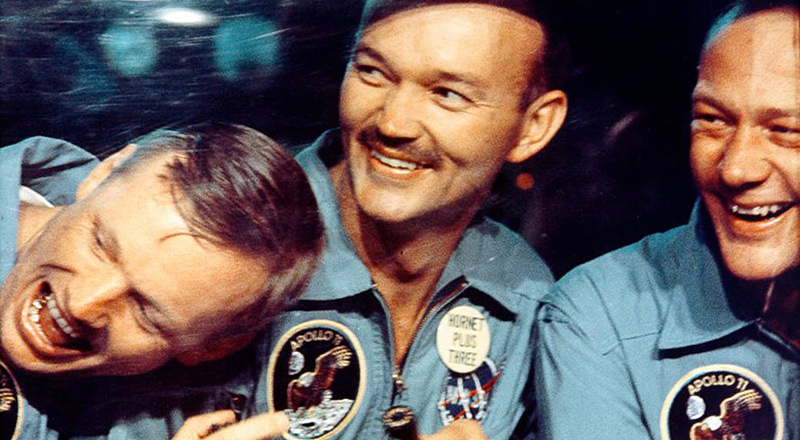 Gli astronauti dell'Apollo 11 al ritorno dalla loro missione sulla Luna, il 24 luglio 1969 (NASA)