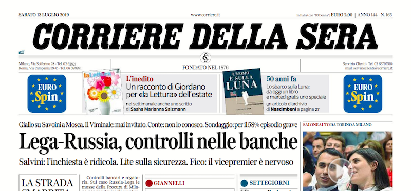 Le prime pagine di sabato 13 luglio 2019