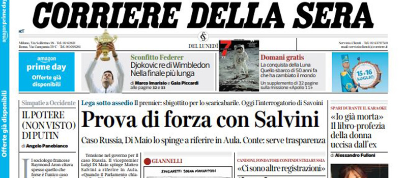 Le prime pagine di lunedì 15 luglio 2019