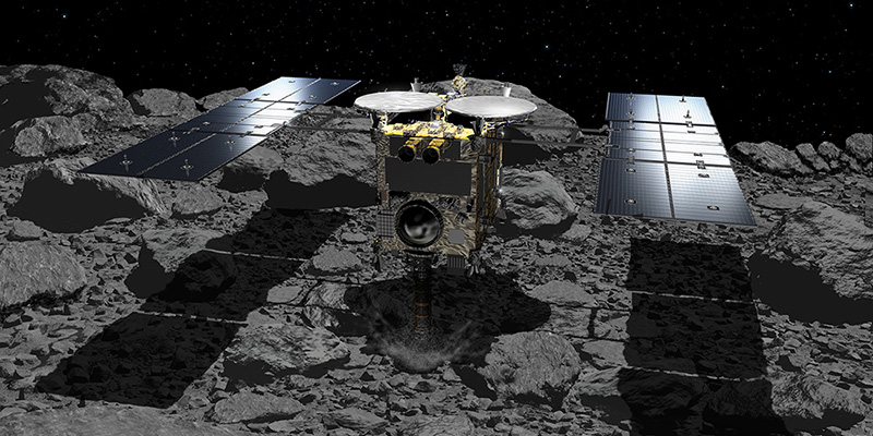 Il primo contatto della sonda Hayabusa-2 con l'asteroide Ryugu, in un'elaborazione grafica (JAXA)