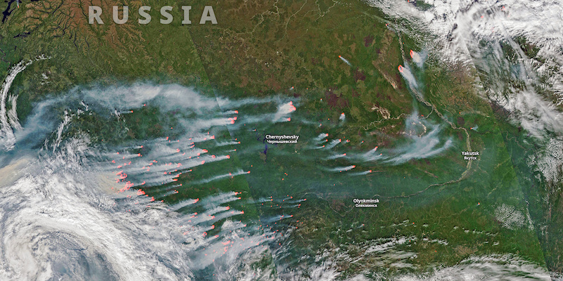 Incendi boschivi nel Territorio di Krasnojarsk, nella Siberia centrale, il 21 luglio 2019 (Riebolarazione di dati raccolti da Copernicus realizzata da Pierre Markuse)