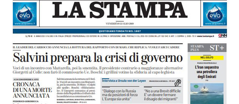 Le prime pagine di venerdì 19 luglio 2019