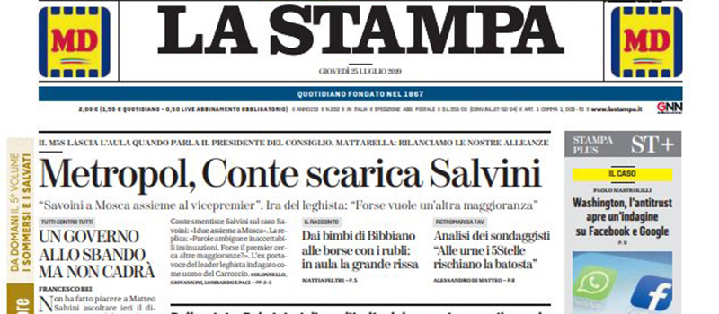 Le prime pagine di giovedì 25 luglio 2019