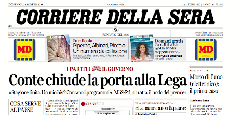 Le prime pagine di domenica 25 agosto 2019