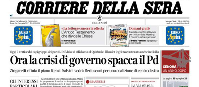 Le prime pagine di lunedì 12 agosto 2019