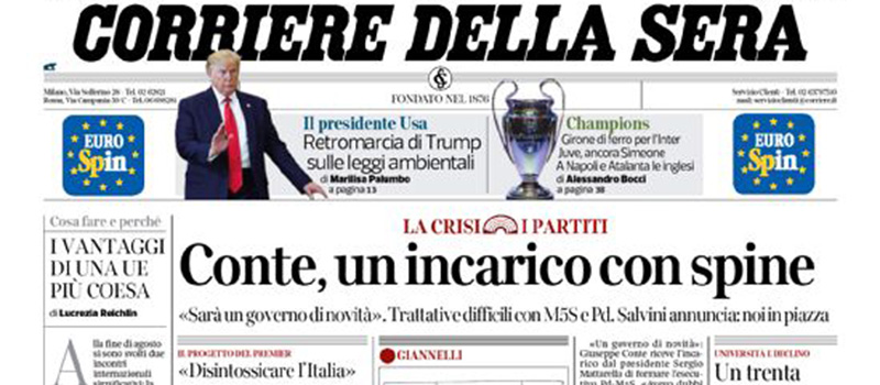 Le prime pagine di venerdì 30 agosto 2019